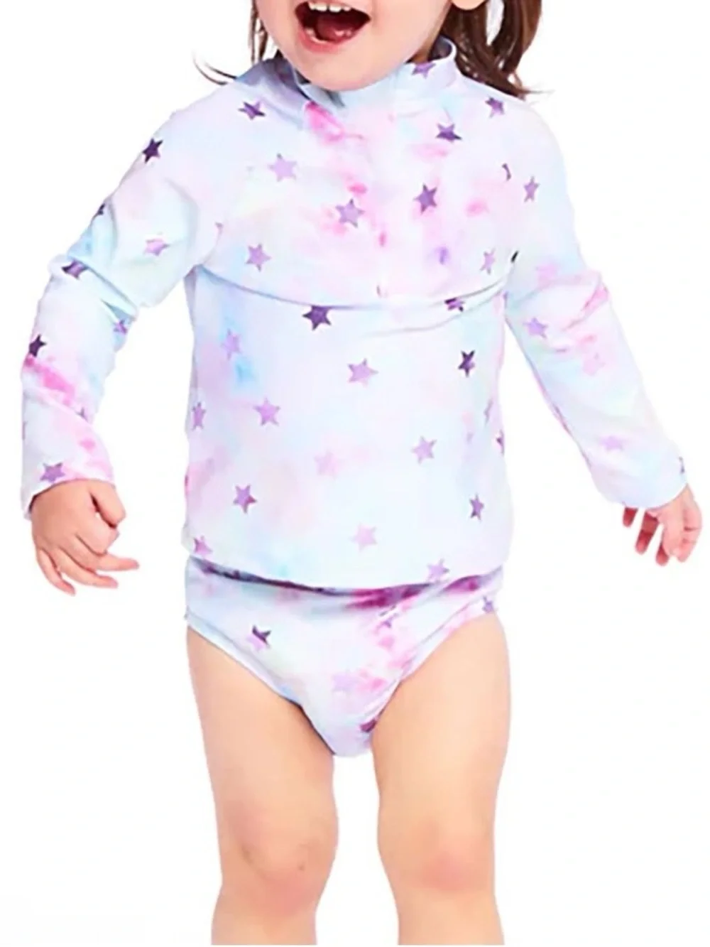 Kids' Long Sleeve Star Print Rash Guard Bikini Set - Pastel Tie-Dye